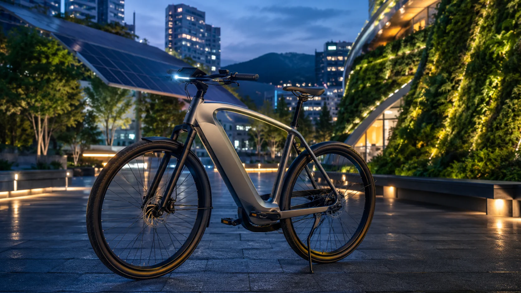 Fremtidens elcykel med integreret batteri og digitalt display i grøn by