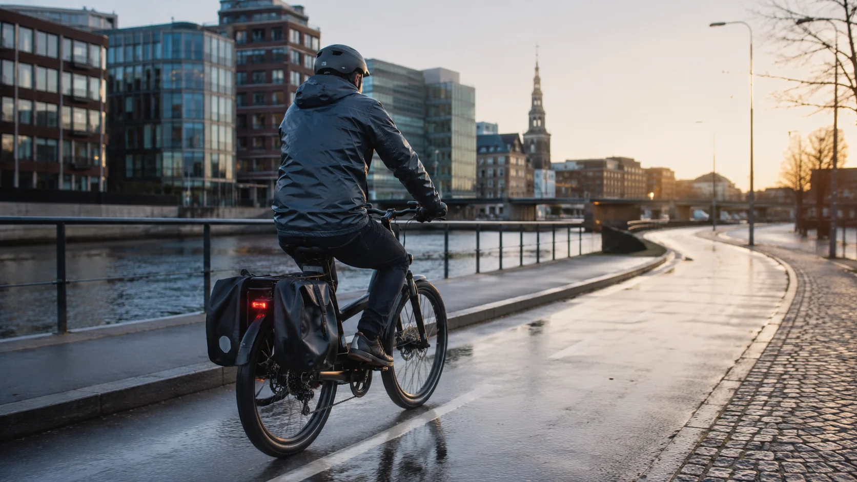 Pendler på elcykel med cykeltasker på våd cykelsti