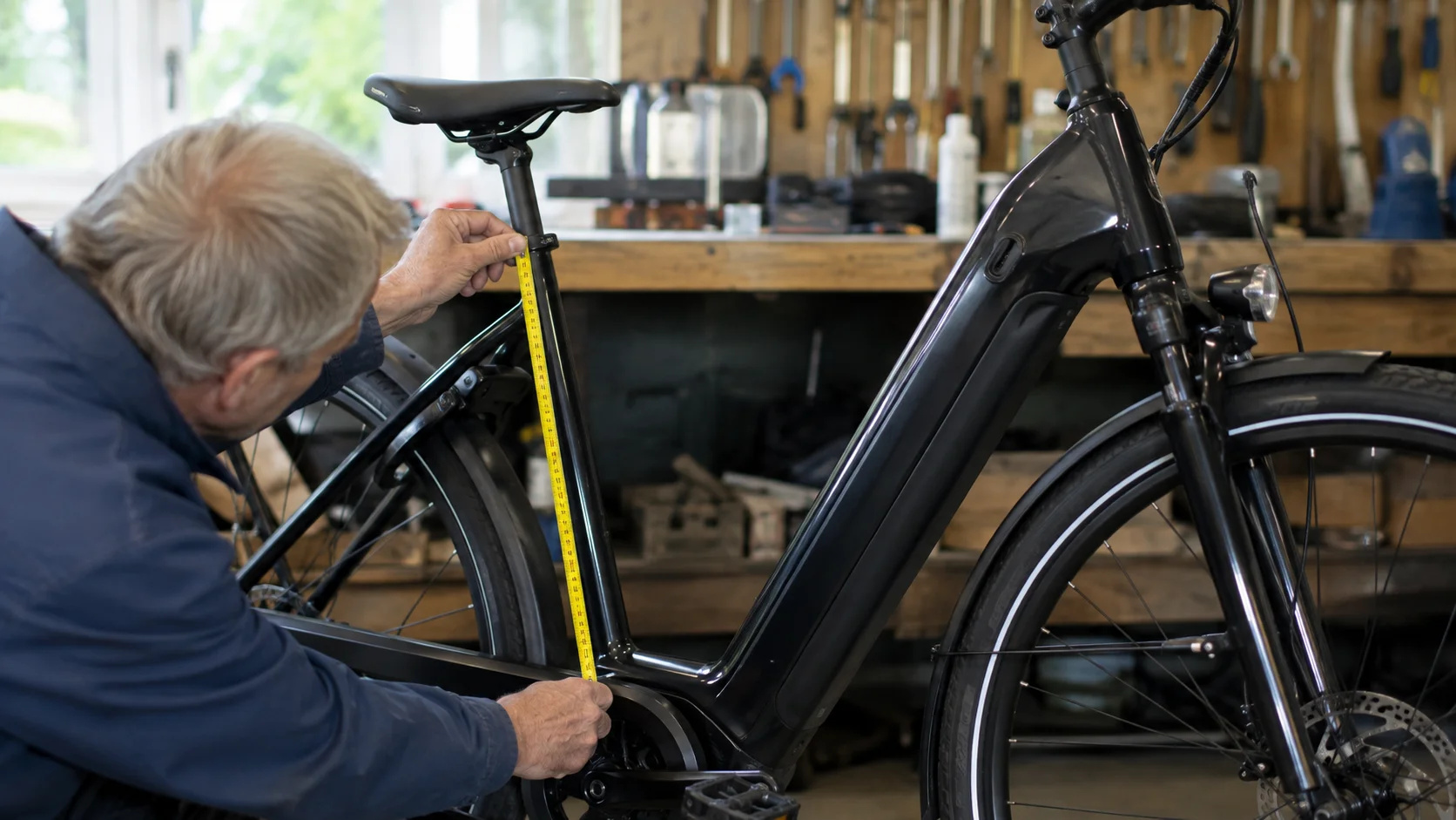Cykelsmed måler stelstørrelse på en elcykel med lav indstigning med et målebånd langs sadelrøret