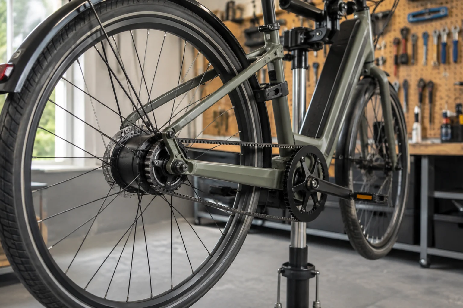 Remtræk og gearnav på baghjulet af en elcykel i cykelsmedens værksted