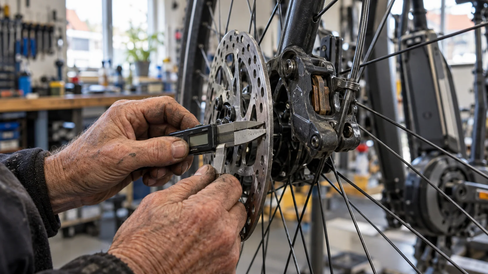 Cykelsmed måler tykkelsen på bremseskiven på en elcykel med en digital skydelære